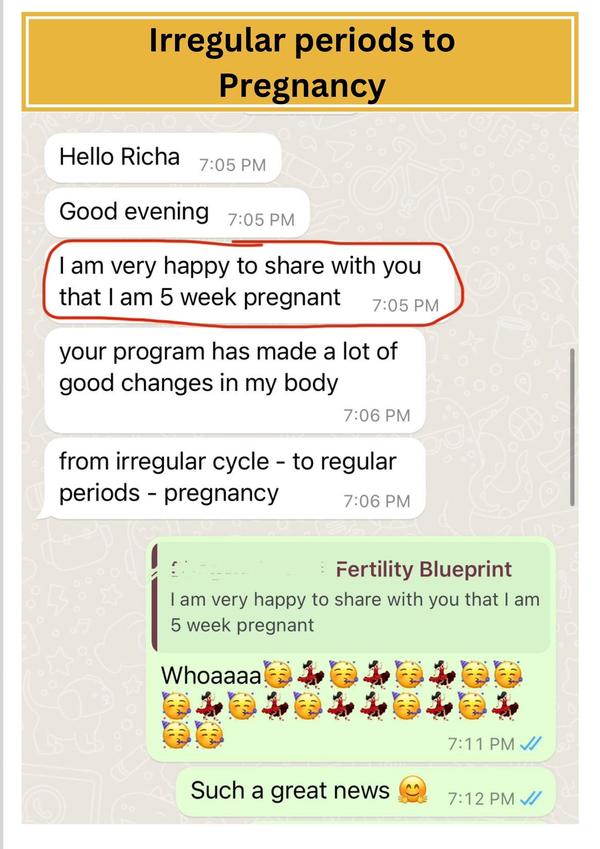Client message: from irregular cycle to regular periods to pregnancy, 5 weeks pregnant