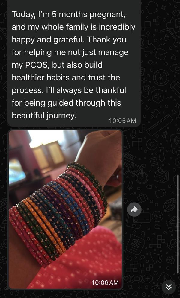 Client message: now 5 months pregnant, thanks for helping manage PCOS