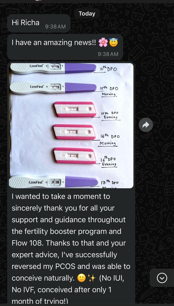 Client message: reversed PCOS and conceived naturally after one month of trying, no IUI or IVF