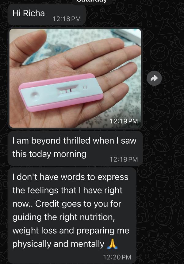 Client message with a positive pregnancy test: credit goes to you for the right nutrition and weight loss